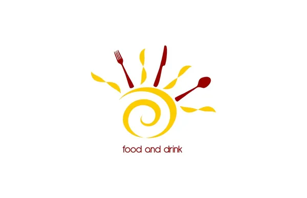 Logotipo de comida e bebida com sol estilizado e mesa de talheres — Vetor de Stock
