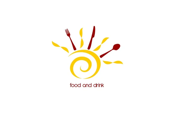 Logotipo de comida e bebida com sol estilizado e mesa de talheres — Vetor de Stock