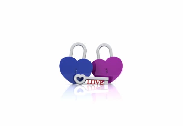 Pair of heart-shaped padlock with key - 3D — Stock Video