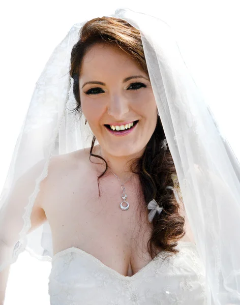 Retrato de la novia feliz en el día de su boda — Foto de Stock