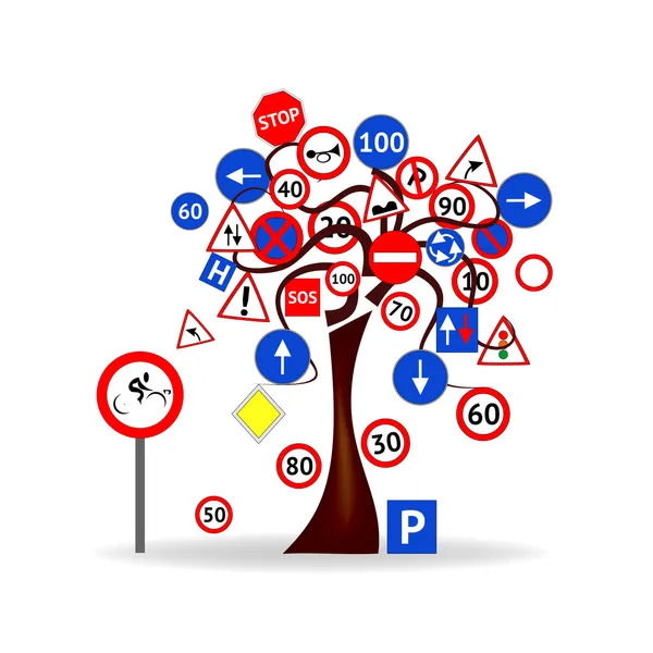 Conception abstraite - Arbre avec panneaux routiers — Image vectorielle