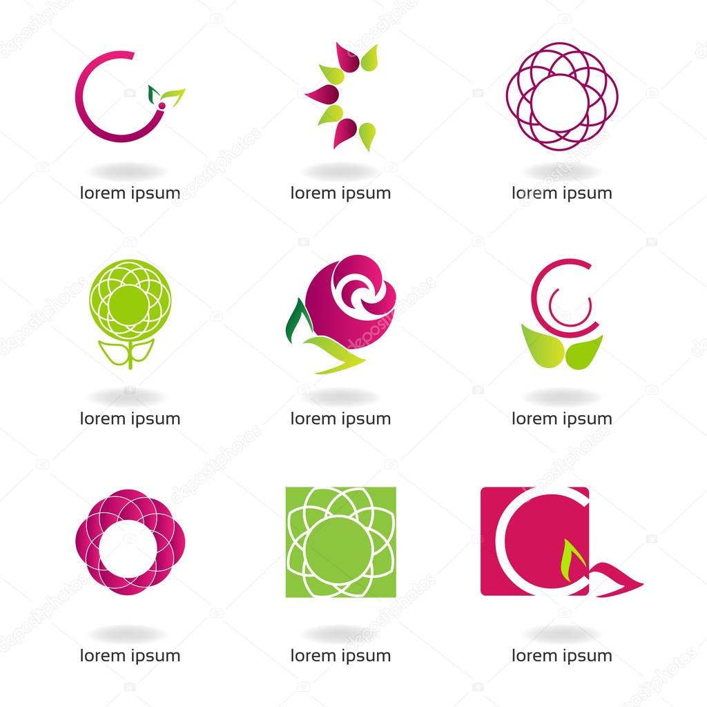 Graphic design - set with flowers of different colors and shapes