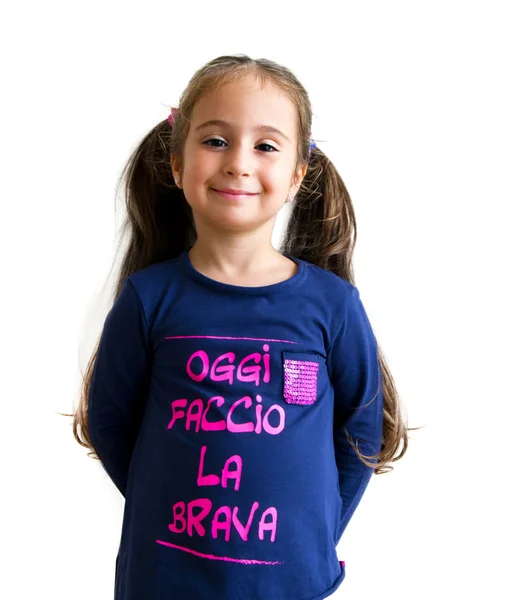Beautiful little girl with funny inscription — Stock Photo, Image
