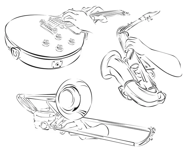 Gitarr, saxofon, trombon, uppsättning linje konst Stockillustration