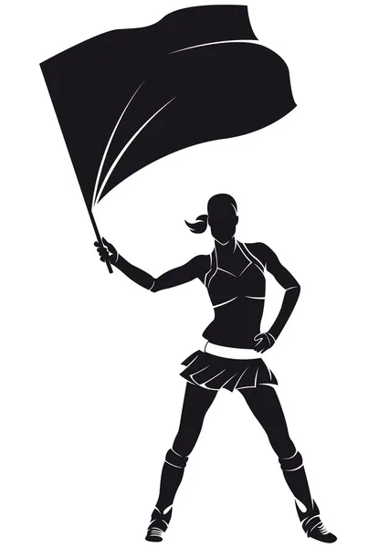 Fille du groupe de soutien, pom-pom girl avec drapeau, silhouette — Image vectorielle