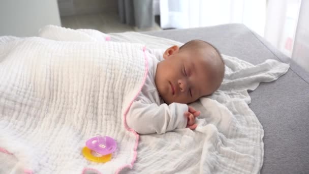 Adorable Asian Newborn Baby Sleeping Pacifier Her Side — Stock Video