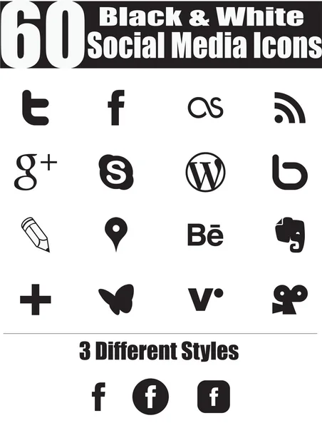 60 iconos de las redes sociales en blanco y negro — Vector de stock