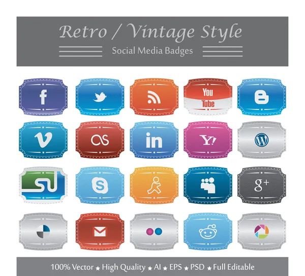 Retro en vintage stijl sociale media kentekens — Stockvector
