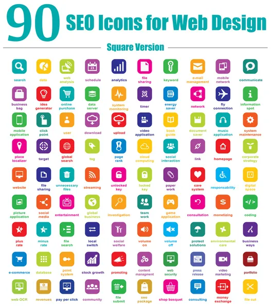 90 SEO-Icons für Webdesign - quadratische Version — Stockvektor
