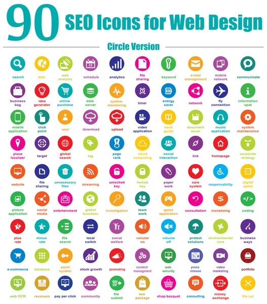 90 Iconos SEO para Diseño Web - Versión Circle — Vector de stock