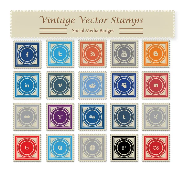 Vintage κοινωνικών μέσων μαζικής ενημέρωσης διανυσματικά γραμματόσημα — Διανυσματικό Αρχείο