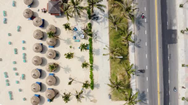 Aerial view of a magnificent white sand beach with palm trees, beach huts and view of road with vehicles. — Stock Video