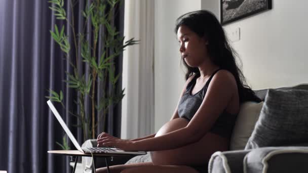 Aziatische vrouw zitten op de bank werken met laptop en strelen haar buik. — Stockvideo