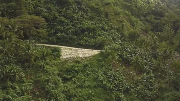 Homem montando uma motocicleta em uma estrada com montanhas no fundo. Vista aérea de um jovem cavalgando em uma estrada de montanha na floresta — Vídeo de Stock