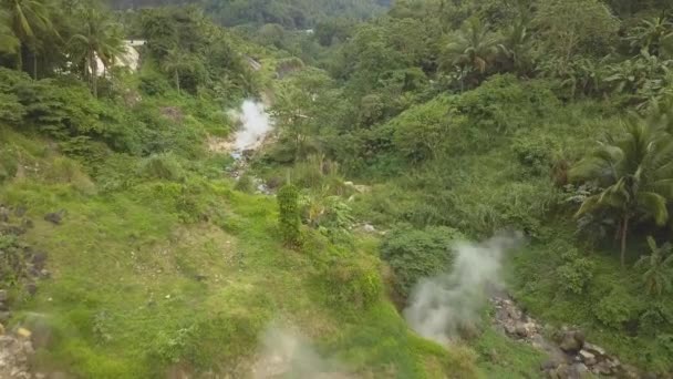 Aerial View Steam Comes Out of the Ground in a Green Forest, Around a Mountain and a River — Stock Video