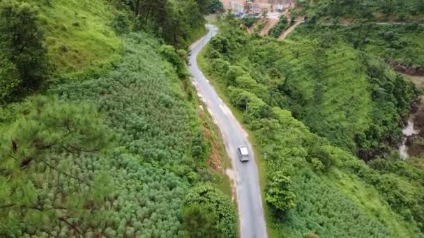 Вид с воздуха на автомобиль, проезжающий по дороге между горами, зелеными лесами, джунглями и скалами — стоковое видео