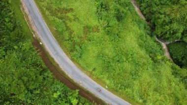 View of the Crooked Road in The Village, People Riding a Motosiklette, Around Green Forests and Jungles with Palm Trees in Asia, Trees and Rice Fields in the Mountains