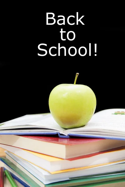 Green apple with book for school — Stock Photo, Image