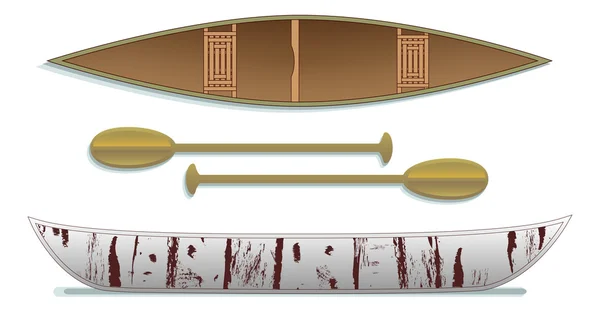 Canoa tradicional de corteza de abedul y remos dos vistas — Vector de stock