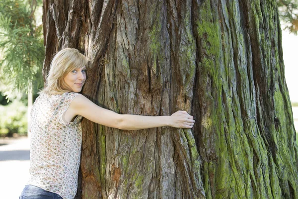 Giovane donna abbracciando grande tronco d'albero — Foto Stock