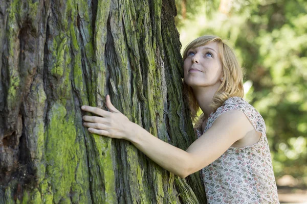 Donna che abbraccia grande tronco d'albero mentre alza lo sguardo — Foto Stock