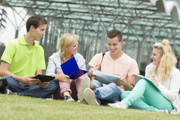 Quattro studenti che imparano seduti a terra — Foto Stock