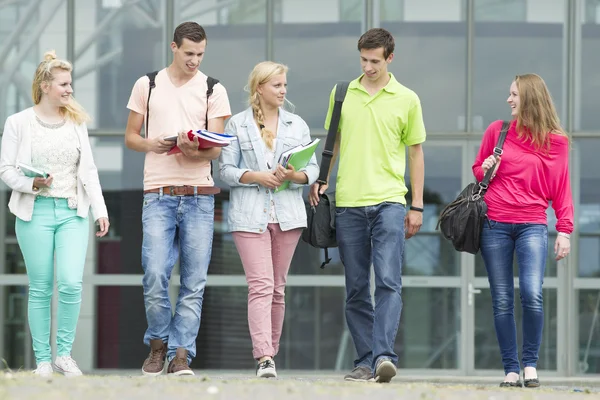 Cinco estudiantes caminando con sus útiles escolares — Foto de Stock