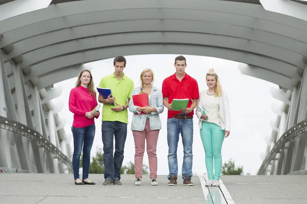 Fünf Studenten stehen auf einer Brücke — Stockfoto