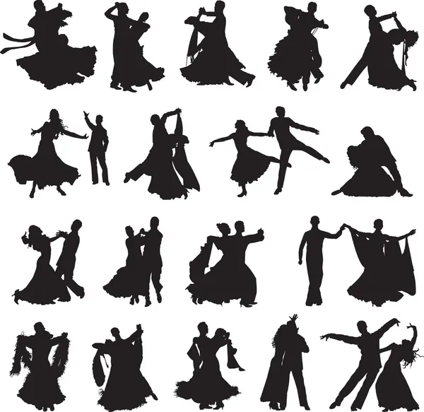 Siluetas de parejas bailando baile de salón — Vector de stock