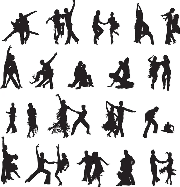 Siluetas de parejas bailando de salón — Vector de stock