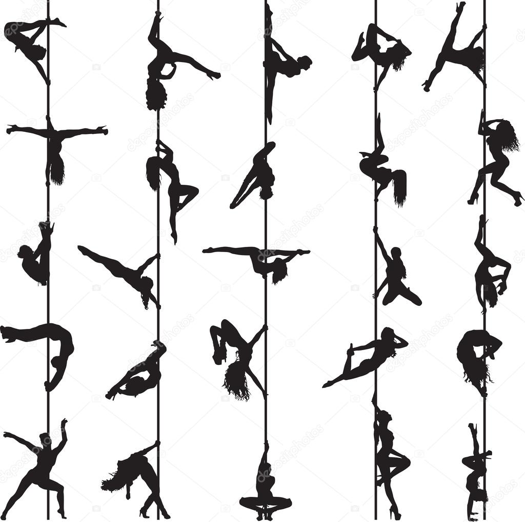 Set of silhouettes of pole dancers