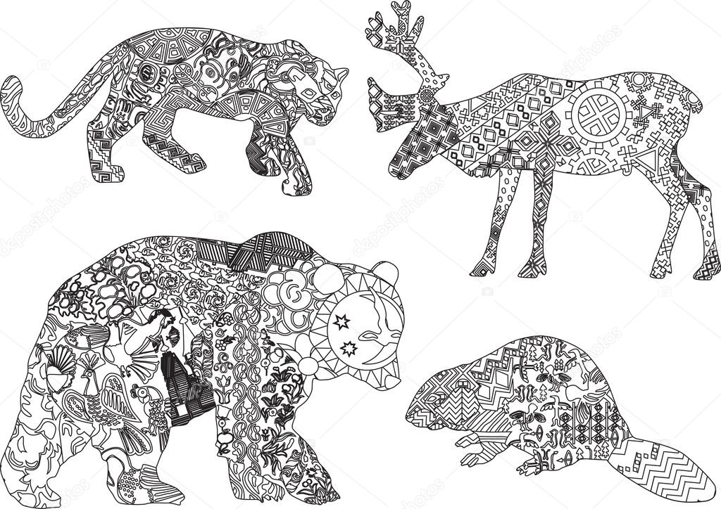 A set of drawings of animals in the ethnic