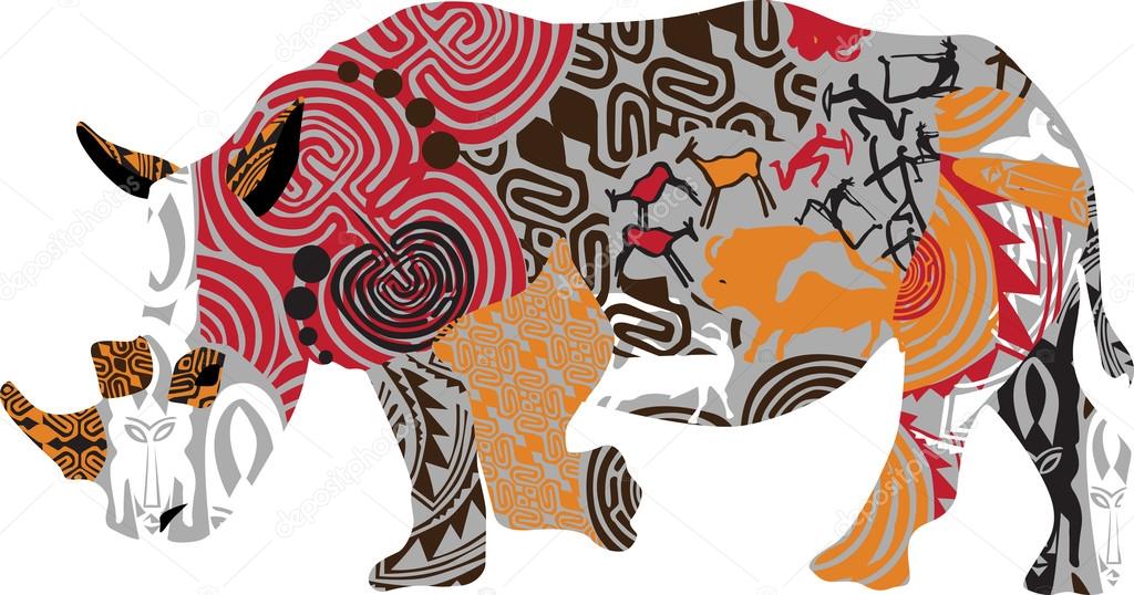 silhouette of a rhinoceros in ethnic patterns