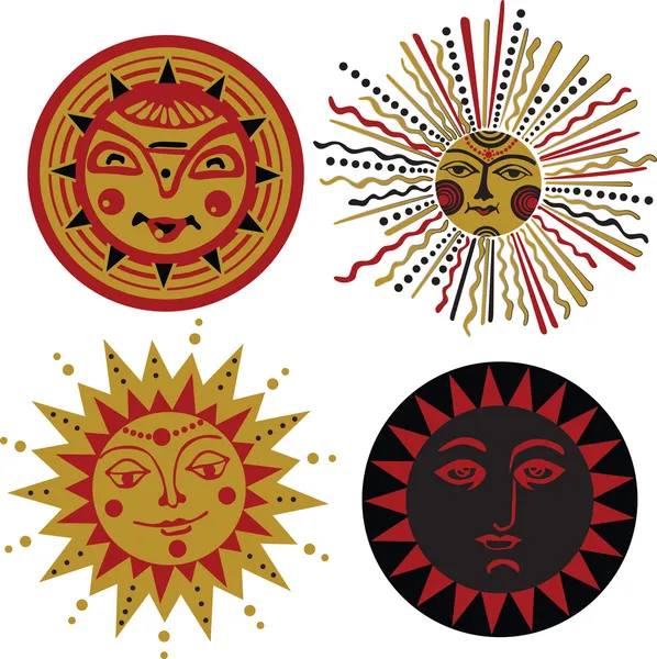 Four kinds of sun in the old Russian style — Stock Vector