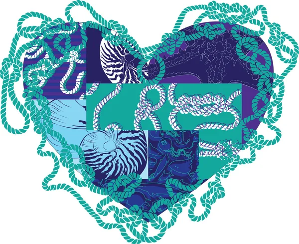 Coeur avec des éléments de la vie marine — Image vectorielle