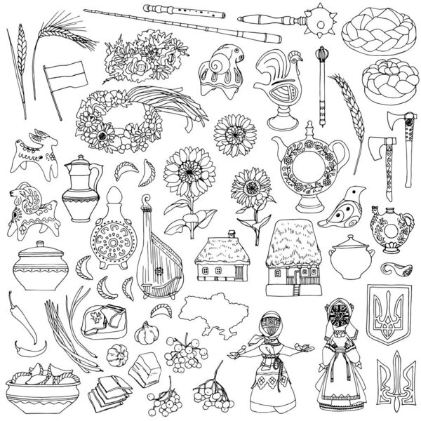  Many drawings on a white background. Ukrainian symbols, food, huts, musical instruments, utensils, weapons, toys, amulets drawn linearly.