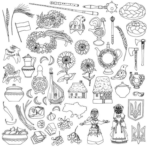 Nombreux Dessins Sur Fond Blanc Symboles Ukrainiens Nourriture Cabanes Instruments — Image vectorielle