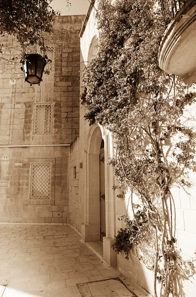 Vintage foto do pátio Mdina com fuchsiaflowers, malta — Fotografia de Stock