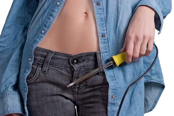 Girl with a soldering iron — Stock Photo, Image