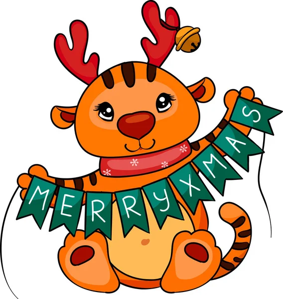 Roztomilé Malé Tygří Vyjížďky Gratulují Vánocům Vánoční Charakter Nový Rok — Stockový vektor