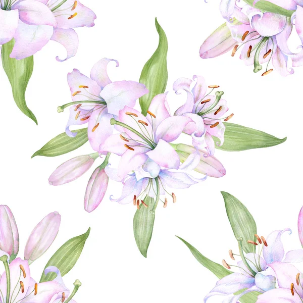 White Pink Lilies Seamless Watercolor Pattern — Stockfoto