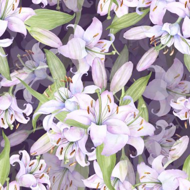 White pink lilies, seamless watercolor pattern