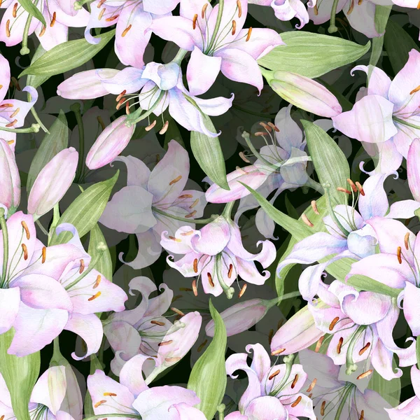 White Pink Lilies Seamless Watercolor Pattern — Zdjęcie stockowe