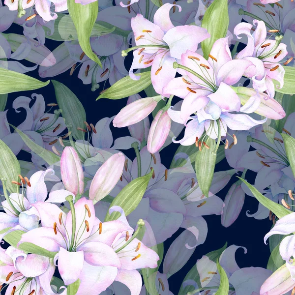 White Pink Lilies Seamless Watercolor Pattern — Stock fotografie