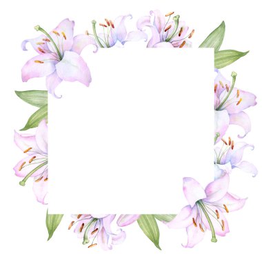 Square l frame with white and pink lily flowers, watercolor illustration, for decorating wedding invitations, albums, and posters