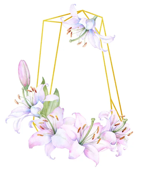 Polygonal Gold Frame White Pink Lily Flowers Watercolor Illustration — Wektor stockowy