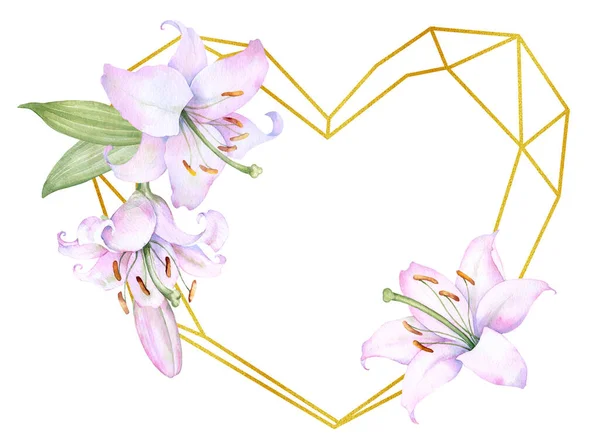Polygonal Crystal Frame White Pink Lily Flowers Watercolor Illustration — стоковый вектор