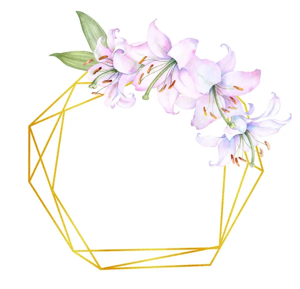 Polygonal Gold Crystal Frame White Pink Lily Flowers Watercolor Illustration — Stockvektor