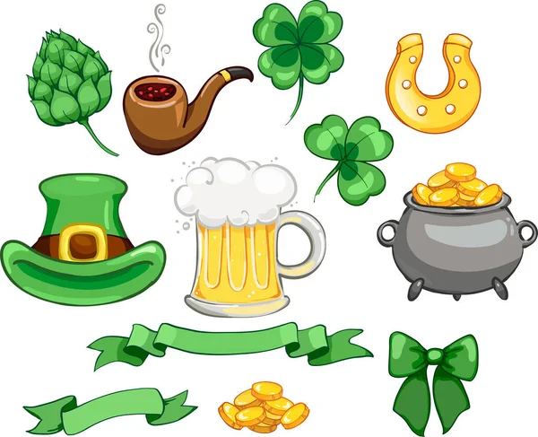 Eine Reihe Von Attributen Den Patrick Day Feiern Shamrock Bier — Stockvektor