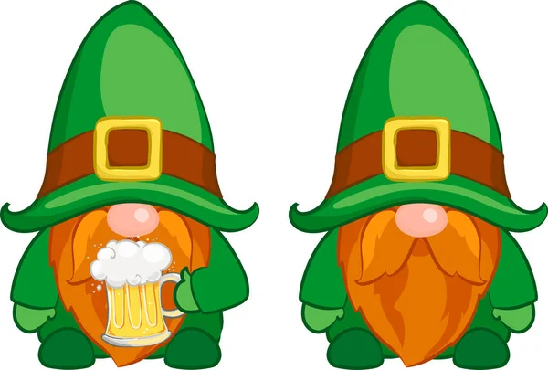 Irischer Gnom Patrick Day Gnomes Mit Shamrock Und Bier — Stockvektor